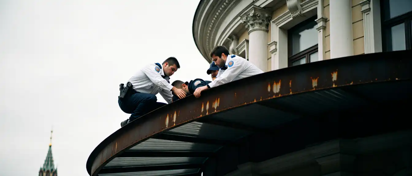 Медики оказывают помощь пострадавшему после падения на козырек знаменитого в Москве Дома Шурика